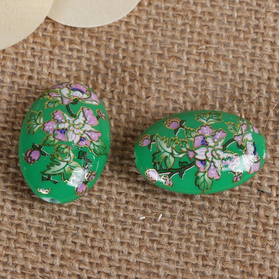 Picture of Acrylic Spacer Japan Painting Vintage Japanese Tensha Beads Oval Green & Pink Morning Glory Flower Pattern About 29mm x 20mm, Hole: Approx 1.8mm, 3 PCs