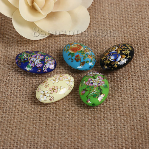 Picture of Acrylic Spacer Japan Painting Vintage Japanese Tensha Beads Oval At Random Flower Pattern About 29mm x 20mm, Hole: Approx 1.8mm, 3 PCs
