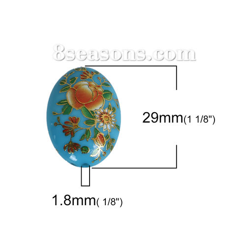 Picture of Acrylic Spacer Japan Painting Vintage Japanese Tensha Beads Oval At Random Flower Pattern About 29mm x 20mm, Hole: Approx 1.8mm, 3 PCs