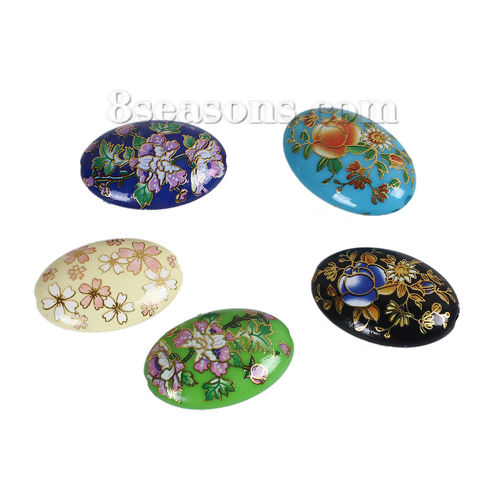 Picture of Acrylic Spacer Japan Painting Vintage Japanese Tensha Beads Oval At Random Flower Pattern About 29mm x 20mm, Hole: Approx 1.8mm, 3 PCs