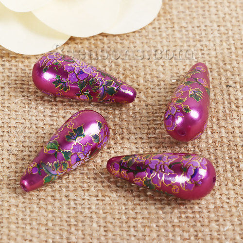 Picture of Acrylic Spacer Japan Painting Vintage Japanese Tensha Beads Drop Purple Morning Glory Flower Pattern About 32mm x 13mm, Hole: Approx 1.5mm, 3 PCs