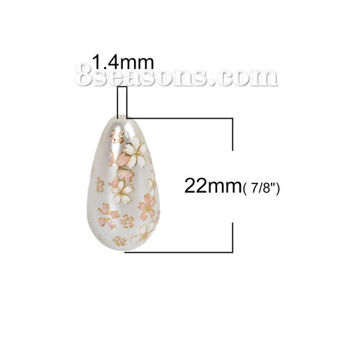 Picture of Acrylic Spacer Japan Painting Vintage Japanese Tensha Beads Drop Sakura Flower Creamy-White & Pink About 22mm x 11mm, Hole: Approx 1.5mm, 5 PCs