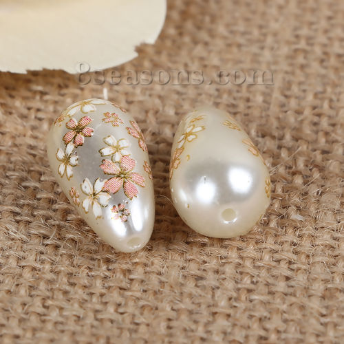 Picture of Acrylic Spacer Japan Painting Vintage Japanese Tensha Beads Drop Sakura Flower Creamy-White & Pink About 22mm x 11mm, Hole: Approx 1.5mm, 5 PCs