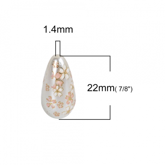 Picture of Acrylic Spacer Japan Painting Vintage Japanese Tensha Beads Drop Sakura Flower Creamy-White & Pink About 22mm x 11mm, Hole: Approx 1.5mm, 5 PCs