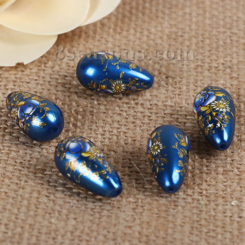 Picture of Acrylic Spacer Japan Painting Vintage Japanese Tensha Beads Drop Royal Blue & Blue Rose Flower Pattern About 22mm x 11mm, Hole: Approx 1.4mm, 5 PCs