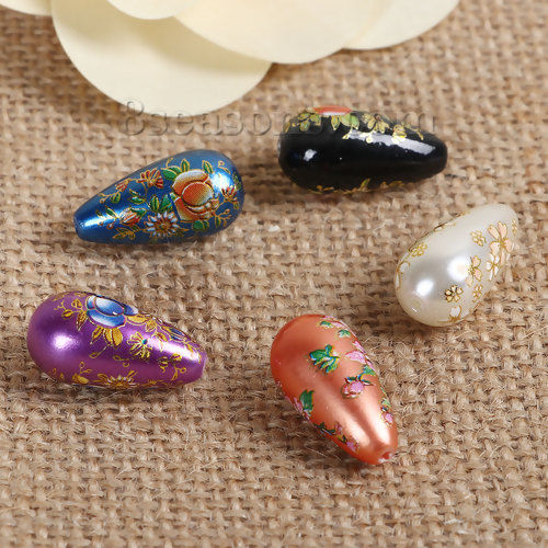 Picture of Acrylic Spacer Japan Painting Vintage Japanese Tensha Beads Drop At Random Flower Pattern About 22mm x 11mm, Hole: Approx 1.4mm, 5 PCs