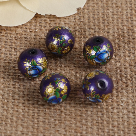 Picture of Glass Japan Painting Vintage Japanese Tensha Beads Round Purple & Blue Rose Flower Pattern Imitation Pearl About 12mm Dia, Hole: Approx 1.2mm, 5 PCs