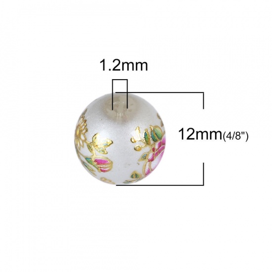 Picture of Glass Japan Painting Vintage Japanese Tensha Beads Round Purple & Blue Rose Flower Pattern Imitation Pearl About 12mm Dia, Hole: Approx 1.2mm, 5 PCs
