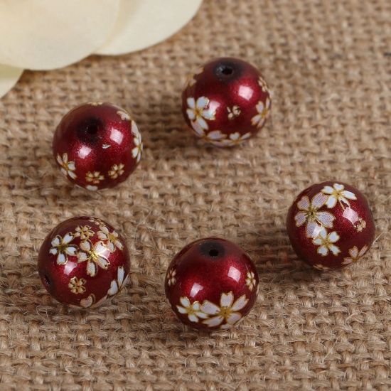 Picture of Glass Japan Painting Vintage Japanese Tensha Beads Round Sakura Flower Dark Red & Pink Imitation Pearl About 12mm Dia, Hole: Approx 1.2mm, 5 PCs