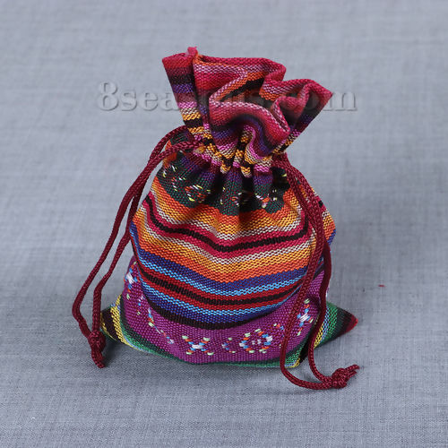 Picture of Cloth Drawstring Bags Drawstring Rectangle Multicolor Stripe (Usable Space: 13x9cm) 14cm(5 4/8") x 10cm(3 7/8"), 5 PCs