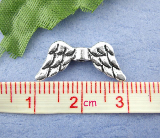 亜鉛合金 スペーサ ビーズ 天使の翼 銀古美 約20mm x 9mm、穴：約1.2mm、50 個 の画像