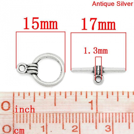 Picture of Zinc Based Alloy Toggle Clasps Round Antique Silver Color 17mm x 6mm 15mm x 11mm, 40 Sets