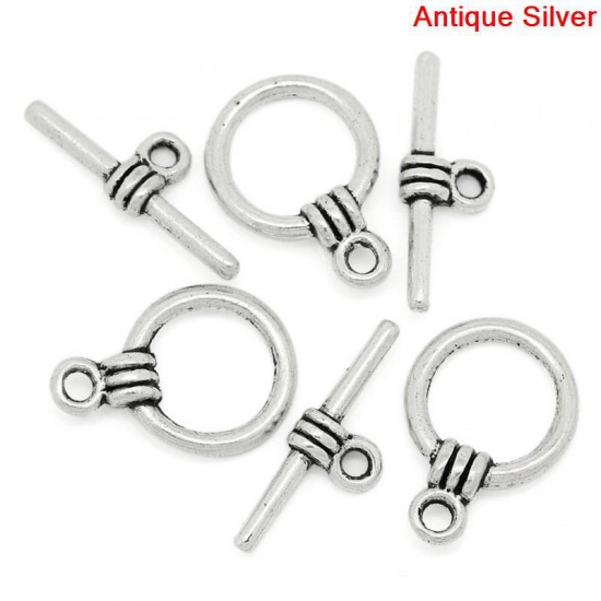 Picture of Zinc Based Alloy Toggle Clasps Round Antique Silver Color 17mm x 6mm 15mm x 11mm, 40 Sets
