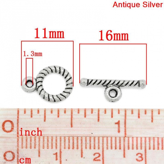 Picture of Zinc Based Alloy Toggle Clasps Round Antique Silver Color Stripe 16mm x 5mm 11mm x 9mm, 50 Sets