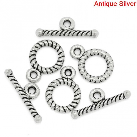 Picture of Zinc Based Alloy Toggle Clasps Round Antique Silver Color Stripe 16mm x 5mm 11mm x 9mm, 50 Sets