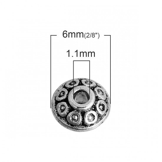 Picture of Zinc Based Alloy Spacer Beads Flying Saucer Bicone Antique Silver Color Carved About 6mm x4mm, Hole:Approx 1.1mm, 100 PCs