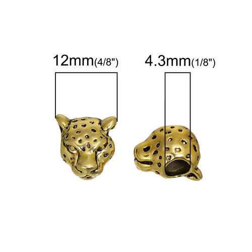 Picture of Zinc Based Alloy 3D Charm Beads Leopard Animal Gold Tone Antique Gold About 13mm x 12mm, 10 PCs