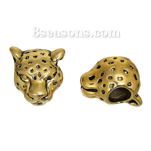 Picture of Zinc Based Alloy 3D Charm Beads Leopard Animal Gold Tone Antique Gold About 13mm x 12mm, 10 PCs