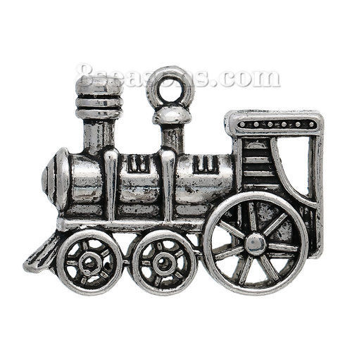 Picture of Zinc Based Alloy 3D Charms Train Antique Silver Color 28mm(1 1/8") x 21mm( 7/8"), 10 PCs