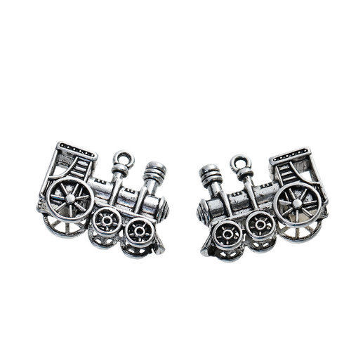 Picture of Zinc Based Alloy 3D Charms Train Antique Silver Color 28mm(1 1/8") x 21mm( 7/8"), 10 PCs