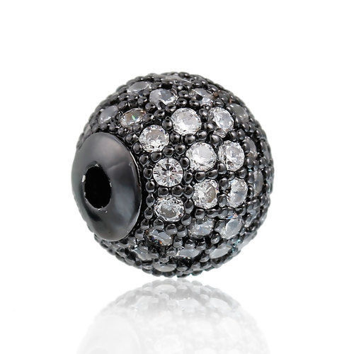 Picture of Brass Micro Pave Beads Ball Gunmetal Clear Cubic Zirconia About 10mm( 3/8") Dia, Hole: Approx 2mm( 1/8"), 1 Piece                                                                                                                                             