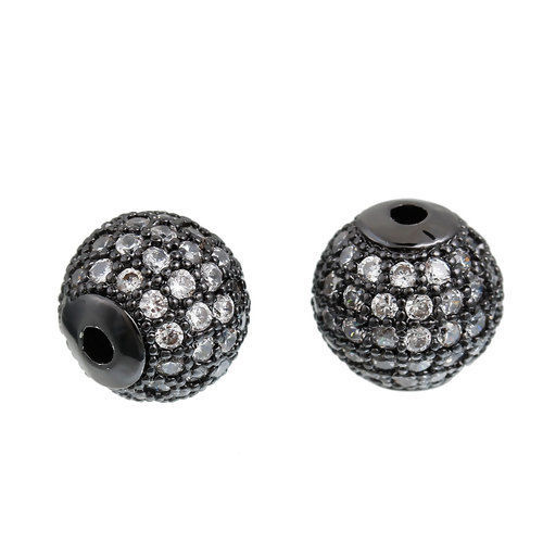 Picture of Brass Micro Pave Beads Ball Gunmetal Clear Cubic Zirconia About 10mm( 3/8") Dia, Hole: Approx 2mm( 1/8"), 1 Piece                                                                                                                                             