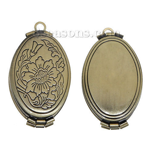 Picture of Copper Picture Photo Locket Frame Pendents Oval Antique Bronze Flower Carved Can Open (Fits 23mm x13mm( 7/8" x 4/8")) 35mm(1 3/8") x 20mm( 6/8"), 1 Piece