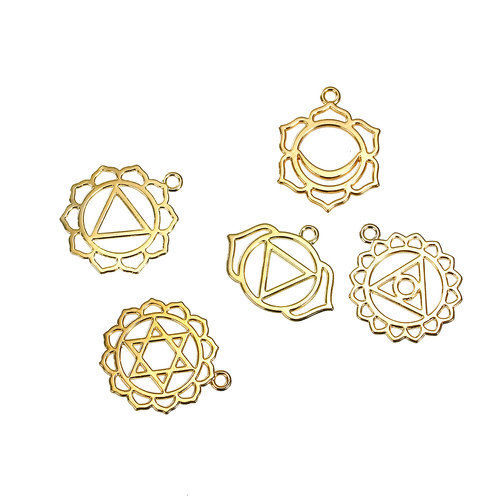 Picture of Zinc Based Alloy Yoga Healing Pendants Flower Gold Plated Mixed Hollow 31mm(1 2/8") x 28mm(1 1/8") - 29mm x23mm(1 1/8" x 7/8"), 7 PCs
