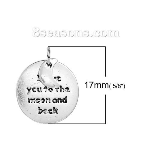 Picture of Zinc Based Alloy Charms Round & Half Moon Antique Silver Color Message " I love you to the moon and back " 17mm( 5/8") Dia, 10 PCs