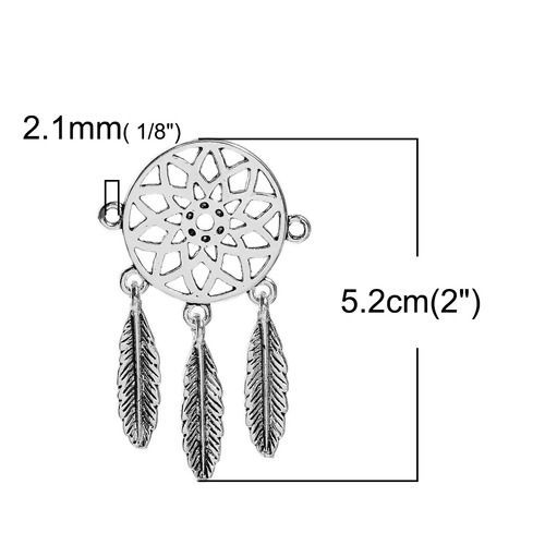 Изображение Цинковый Сплав Коннекторы фурнитуры Ловец снов Античное Серебро С узором ажурная резьба 52мм x 31мм, 5 ШТ