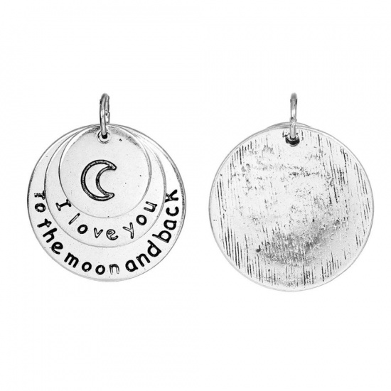 Picture of Zinc Based Alloy Pendants Moon Round Antique Silver Color Message " I love you to the moon and back " 25mm(1") x 22mm( 7/8"), 5 PCs