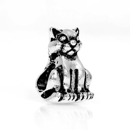 Picture of Zinc Based Alloy 3D European Style Large Hole Charm Beads Cat Animal Antique Silver Color About 14mm x 9mm, Hole: Approx 5mm, 10 PCs