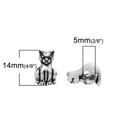 Picture of Zinc Based Alloy 3D European Style Large Hole Charm Beads Cat Animal Antique Silver Color About 14mm x 9mm, Hole: Approx 5mm, 10 PCs