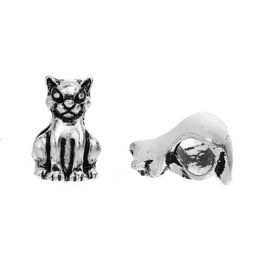 Picture of Zinc Based Alloy 3D European Style Large Hole Charm Beads Cat Animal Antique Silver Color About 14mm x 9mm, Hole: Approx 5mm, 10 PCs