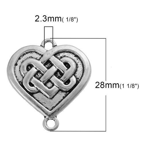 Immagine di Lega di Zinco Connettore Accessori Cuore Argento Antico Nodo Celtico Disegno 28mm x 24mm, 20 Pz