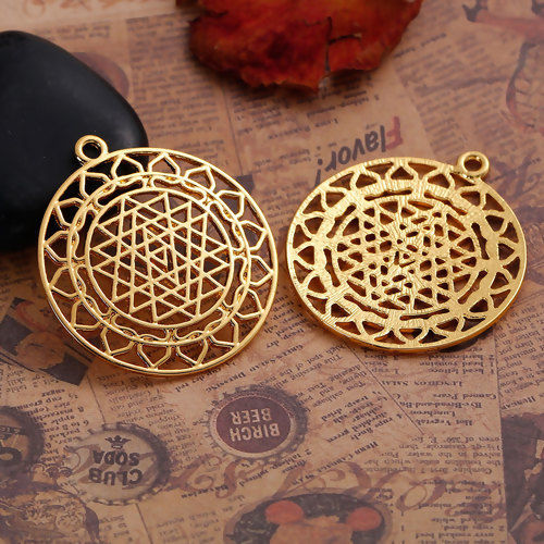 Picture of Zinc Based Alloy Sri Yantra Meditation Pendants Round Gold Plated Hollow 44mm(1 6/8") x 40mm(1 5/8"), 3 PCs