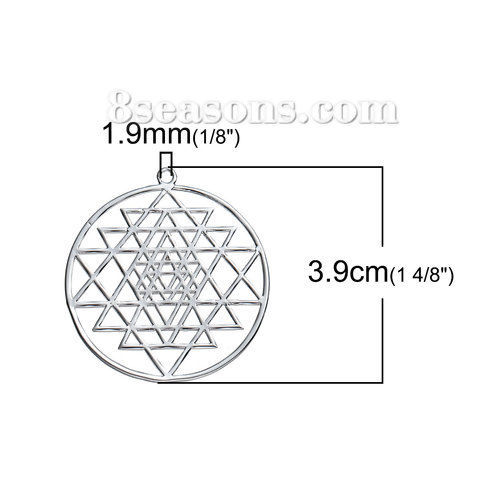 Picture of Brass Sri Yantra Meditation Pendants Silver Tone Hollow 39mm(1 4/8") x 35mm(1 3/8"), 1 Piece                                                                                                                                                                  