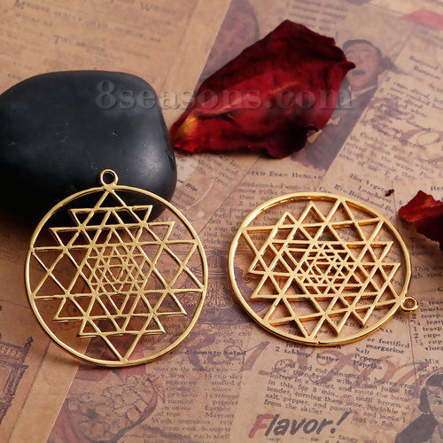 Picture of Brass Sri Yantra Meditation Pendants Round Gold Plated Hollow 39mm(1 4/8") x 35mm(1 3/8"), 1 Piece                                                                                                                                                            