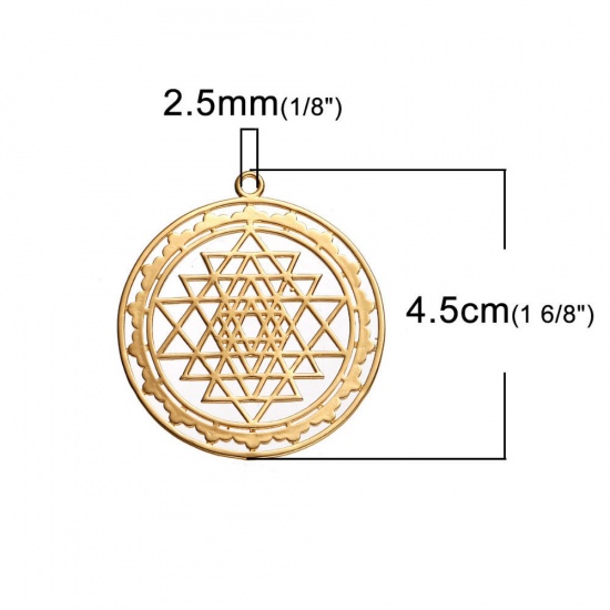 Picture of Brass Sri Yantra Meditation Pendants Gold Plated Hollow 45mm(1 6/8") x 40mm(1 5/8"), 1 Piece                                                                                                                                                                  