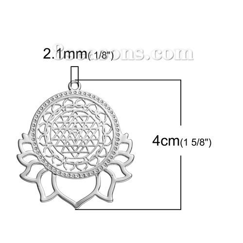 Picture of Brass Sri Yantra Meditation Pendants Lotus Flower Silver Tone Hollow 40mm(1 5/8") x 35mm(1 3/8"), 1 Piece                                                                                                                                                     