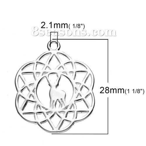 Imagen de Latón Flor de la vida Charms Ciervo Argentado Hueco 28mm x 23mm, 2 Unidades