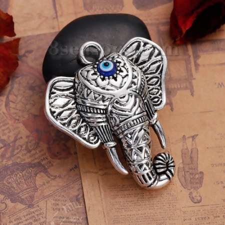 Zinc Based Alloy Boho Chic Pendants Elephant Head Antique Silver Color Evil Eye Enamel 55mm(2 1/8") x 47mm(1 7/8"), 2 PCs