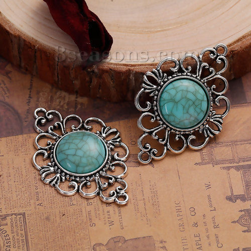 Image de Connecteurs de Bijoux au Style Bohème Chic en Alliage de Zinc Losange Bleu-Vert Argent Vieilli Fleurs Howlite 53mm x 35mm, 2 Pcs