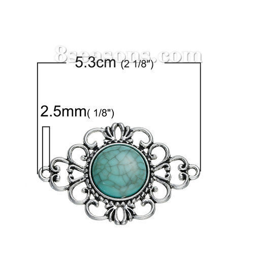 Image de Connecteurs de Bijoux au Style Bohème Chic en Alliage de Zinc Losange Bleu-Vert Argent Vieilli Fleurs Howlite 53mm x 35mm, 2 Pcs