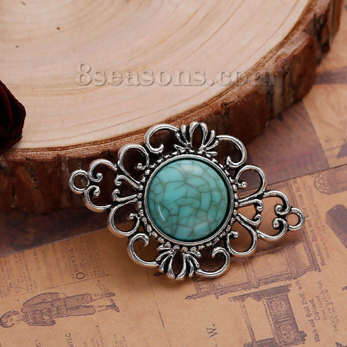 Image de Connecteurs de Bijoux au Style Bohème Chic en Alliage de Zinc Losange Bleu-Vert Argent Vieilli Fleurs Howlite 53mm x 35mm, 2 Pcs