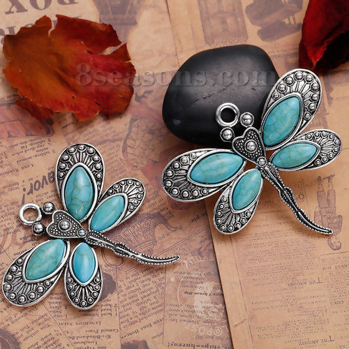 Picture of Zinc Based Alloy Boho Chic Pendants Dragonfly Animal Antique Silver Color Green Blue Imitation Turquoise 60mm(2 3/8") x 53mm(2 1/8"), 2 PCs