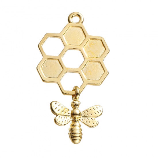 Picture of Zinc Based Alloy 3D Pendants Honeycomb Gold Plated Bee Carved Hollow 46mm(1 6/8") x 24mm(1"), 5 PCs