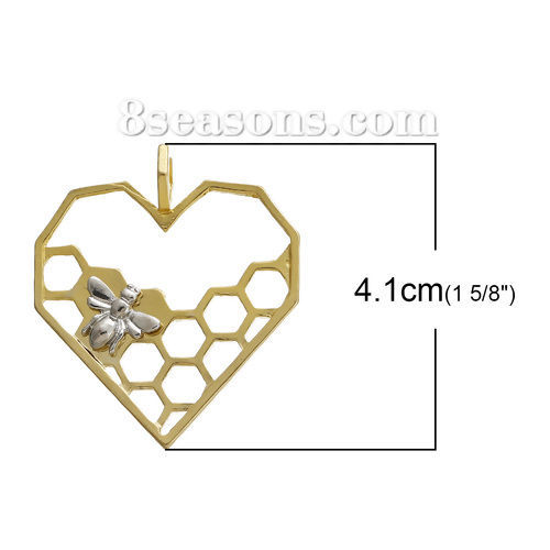 Picture of Zinc Based Alloy Pendants Gold Plated Silver Tone Two Tone Honeycomb Bee Hollow 41mm x 35mm, 5 PCs