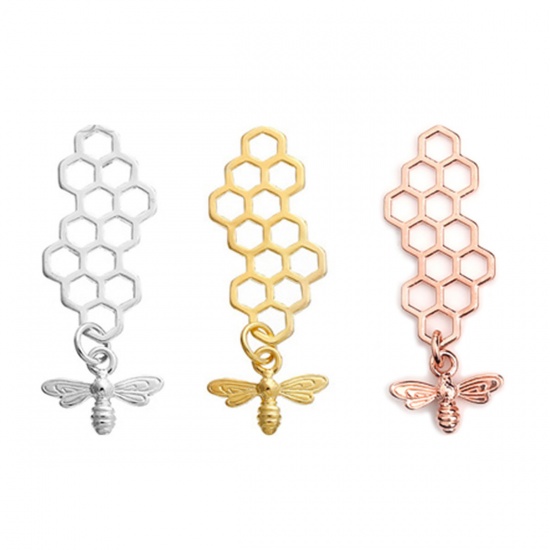 Picture of Zinc Based Alloy 3D Pendants Honeycomb Gold Plated Bee Carved Hollow 46mm(1 6/8") x 16mm( 5/8"), 10 PCs