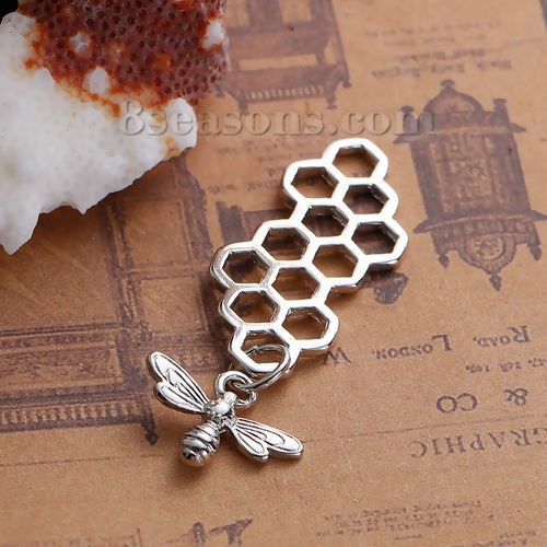 Picture of Zinc Based Alloy 3D Pendants Honeycomb Silver Tone Bee Carved Hollow 46mm(1 6/8") x 16mm( 5/8"), 10 PCs